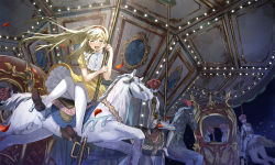 Rule 34 | 1girl, amusement park, blonde hair, carousel, closed eyes, hairband, looking at viewer, open mouth, original, panties, pantyhose, sitting, skirt, sleeveless, smile, solo, tan (tangent), thighhighs, underwear, white thighhighs