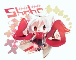 Rule 34 | anchor, artist request, azur lane, chibi, detached sleeves, english text, fang, flight deck, folding fan, hand fan, highres, hull shoes, japanese clothes, kimono, kneehighs, looking to the side, red eyes, red kimono, red rope, ribbon, rigging, rope, sandals, shikigami, shin guards, short hair, shouhou (azur lane), sleeveless, sleeveless kimono, smile, socks, solo, topknot, white hair, white ribbon, white socks, wide sleeves