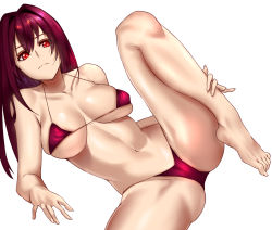 Rule 34 | 1girl, absurdres, barefoot, bikini, fate/grand order, fate (series), feet, highres, kisaragi tsurugi, long hair, looking at viewer, red eyes, scathach (fate), swimsuit, toes, white background
