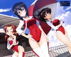 Rule 34 | 3girls, absurdres, alternate costume, black hair, boots, bow choker, breasts, brown eyes, brown hair, choker, cleavage, cloud, covered navel, cropped jacket, day, frown, girls und panzer, grin, hair between eyes, hand on own hip, highres, holding, holding umbrella, kadotani anzu, kawashima momo, koyama yuzu, large breasts, leotard, long hair, long sleeves, looking at viewer, magazine scan, mc axis, medium breasts, medium hair, monocle, multiple girls, official art, one eye closed, parted bangs, ponytail, race queen, red hair, red leotard, scan, short hair, sky, small breasts, smile, swept bangs, thigh boots, thighhighs, thighs, tsujimura roku, twintails, umbrella