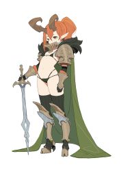 Rule 34 | 1girl, armor, black bra, black gloves, black panties, boots, bra, bracer, cloak, commentary request, demon girl, flat chest, full body, gloves, green cloak, green eyes, grey thighhighs, highres, holding, holding sword, holding weapon, hooves, horns, orange hair, original, panties, pauldrons, pointy ears, ponytail, shoulder armor, simple background, solo, standing, sword, thighhighs, underwear, waterkuma, weapon, white background