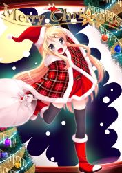 Rule 34 | 10s, 1girl, bassa, belt, black thighhighs, blonde hair, blush, boots, christmas, christmas ornaments, christmas tree, commentary, english text, fingerless gloves, fur-trimmed boots, fur trim, gloves, hair bun, hair ornament, hat, highres, kin-iro mosaic, knee boots, kujou karen, looking at viewer, merry christmas, open mouth, purple eyes, red footwear, red gloves, sack, santa boots, santa costume, santa hat, single hair bun, smile, solo, text focus, thighhighs, x hair ornament