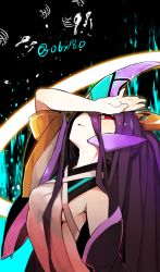 Rule 34 | 1girl, armpits, backless dress, backless outfit, bad id, bad pixiv id, bare shoulders, black background, blazblue, bone, breasts, detached sleeves, dress, hades izanami, halo, hand on own head, headgear, hyakuhachi (over3), long hair, looking at viewer, mikado (blazblue), ponytail, purple hair, red eyes, sideboob, small breasts, smile, solo, very long hair