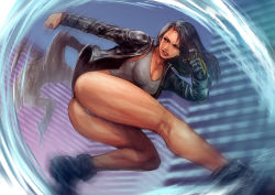 Rule 34 | 1girl, absurdres, angry, ass, black jacket, breasts, building, cirenk, city, clenched hand, clenched teeth, cyberpunk, full body, highres, jacket, large breasts, legs, leotard, night, original, roundhouse kick, solo, teeth, thick thighs, thighs, v-shaped eyebrows, white leotard
