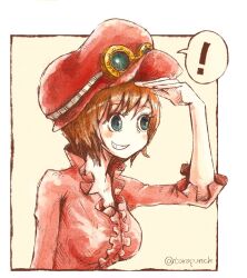 Rule 34 | !, 1girl, blue eyes, blush stickers, commentary request, frilled shirt, frills, goggles, goggles on headwear, hat, highres, koala (one piece), one piece, pink shirt, shirt, short hair, simple background, smile, solo, torapunch, twitter username, upper body