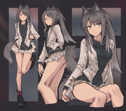 Rule 34 | 1girl, animal ears, bare legs, black footwear, black shirt, blazer, breasts, bullfalk, collared shirt, commentary request, feet out of frame, full body, glasses, grid background, high ponytail, jacket, long sleeves, medium breasts, microskirt, multiple views, open clothes, open jacket, original, parted bangs, pleated skirt, ponytail, ribbed shirt, shirt, sidelocks, sitting, skirt, standing, standing on one leg, tail, white jacket, white skirt, wolf ears, wolf girl, wolf tail