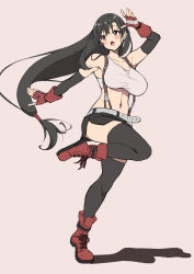 Rule 34 | 1girl, bare shoulders, belt, black gloves, black hair, black skirt, black thighhighs, blush, breasts, cleavage, crop top, earrings, elbow gloves, final fantasy, final fantasy vii, final fantasy vii remake, fingerless gloves, full body, gloves, hair between eyes, hand up, highres, jewelry, kojirou!, leg up, long hair, looking to the side, low-tied long hair, materia, midriff, navel, open mouth, red eyes, red footwear, red gloves, shirt, simple background, skirt, sleeveless, sleeveless shirt, solo, suspenders, thighhighs, tifa lockhart, white shirt