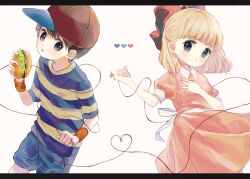 Rule 34 | 1boy, 1girl, baseball cap, black hair, blonde hair, bow, burger, child, dress, food, hair bow, hat, heart, highres, kohori, looking at viewer, mother (game), mother 2, ness (mother 2), nintendo, paula (mother 2), photoshop (medium), pink dress, shirt, short sleeves, shorts, simple background, string, string of fate, striped clothes, striped shirt, t-shirt, upper body, vertical-striped clothes, vertical-striped shirt