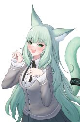 Rule 34 | 1girl, :d, absurdres, animal ear fluff, animal ears, arknights, black ribbon, black skirt, blush, breasts, cat ears, cat girl, cat tail, collared shirt, green eyes, green hair, grey sweater vest, hands up, harmonie (arknights), highres, infection monitor (arknights), layered sleeves, long hair, long sleeves, looking at viewer, neck ribbon, open mouth, paw pose, pleated skirt, ribbon, shirt, simple background, skirt, small breasts, smile, solo, sweater vest, tail, tail ornament, tail ring, very long hair, white background, white shirt, yokaze kotoha