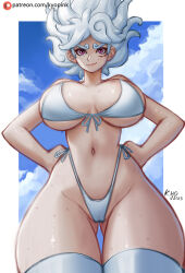 Rule 34 | 1girl, beach, bikini, breasts, cameltoe, gear fifth, genderswap, genderswap (mtf), highleg, highres, kyopink, large breasts, luffyko, monkey d. luffy, navel, one piece, swimsuit, tagme, thick thighs, thighhighs, thighs, underboob, white hair, wide hips