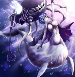 Rule 34 | 10s, 1girl, abyssal ship, arm up, black gloves, blue hair, capelet, fins, fish tail, fusion, gloves, hat, kantai collection, looking at viewer, monster girl, pale skin, personification, solo, sumapan, tail, underwear, whale, wo-class aircraft carrier, yellow eyes