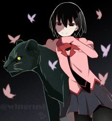 Rule 34 | 1girl, arm around back, artist name, black background, black eyes, black hair, black necktie, black panther, black pantyhose, black skirt, bob cut, breasts, bug, butterfly, commentary, empty eyes, fooring, hair between eyes, hand to own mouth, insect, looking at viewer, monogatari (series), naoetsu high school uniform, necktie, oshino ougi, panther, pantyhose, pink shirt, pleated skirt, school uniform, shaded face, shirt, short hair, skirt, sleeves past fingers, sleeves past wrists, small breasts, smile, solo, swallowtail butterfly, twitter username