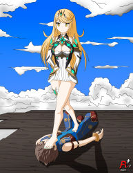 Rule 34 | 1boy, 1girl, arlioth, artist name, barefoot, blonde hair, breasts, brown hair, bulge, cleavage, denki anma, downscaled, erection, erection under clothes, feet, foot on head, footjob, footjob over clothes, headgear, highres, long hair, lying, mythra (xenoblade), nail polish, nintendo, on back, outdoors, resized, rex (xenoblade), short hair, standing on person, toenail polish, toenails, toes, trample, xenoblade chronicles (series), xenoblade chronicles 2, yellow eyes