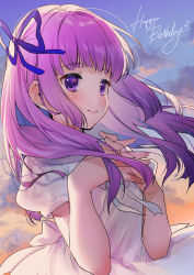 Rule 34 | 1girl, aikatsu!, aikatsu! (series), blue ribbon, blunt bangs, blush, bow, cloud, cloudy sky, commentary, dress, evening, floating hair, from side, geshumaro, gradient sky, hair ribbon, happy birthday, hikami sumire, interlocked fingers, long hair, looking to the side, neck ribbon, orange sky, outdoors, own hands together, pink lips, puffy short sleeves, puffy sleeves, purple eyes, purple hair, ribbon, short sleeves, signature, sky, smile, solo, star (sky), starry sky, twilight, upper body, waist bow, white bow, white dress, white ribbon, wind