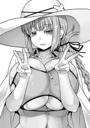 Rule 34 | 1girl, alternate breast size, bad id, bad pixiv id, bikini, braid, breasts, breasts squeezed together, bursting breasts, fate/grand order, fate (series), florence nightingale (chaldea lifesavers) (fate), florence nightingale (fate), greyscale, hat, huge breasts, lips, long hair, looking at viewer, monochrome, navel, no gloves, ponytail, single braid, smile, solo, swimsuit, very long hair, wide hips, yukinojou yakan