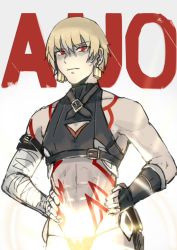 Rule 34 | 1boy, arm belt, bandages, bare shoulders, black panties, blonde hair, cleavage cutout, closed mouth, clothing cutout, cosplay, earrings, fate/grand order, fate (series), fingerless gloves, gilgamesh (fate), gloves, glowing, grey background, hands on own hips, jack the ripper (fate/apocrypha), jack the ripper (fate/apocrypha) (cosplay), jewelry, lock, lock earrings, looking at viewer, male focus, panties, red eyes, single glove, solo, underwear, upper body, walzrj
