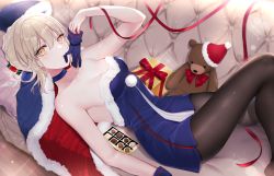 Rule 34 | 1girl, artoria pendragon (all), artoria pendragon (fate), bare arms, bare shoulders, black pantyhose, blonde hair, blush, bobblehat, box, box of chocolates, breasts, choker, cleavage, couch, dress, fate/grand order, fate (series), feet out of frame, fur-trimmed dress, fur-trimmed headwear, fur trim, gift, gift box, glove in mouth, gloves, hat, knee up, looking at viewer, lying, meltymaple, mouth hold, on back, on couch, pantyhose, pillow, purple choker, purple dress, purple gloves, red hat, santa alter, santa hat, short dress, short hair, small breasts, solo, sparkle, strapless, strapless dress, stuffed animal, stuffed toy, teddy bear, unworn gloves, yellow eyes