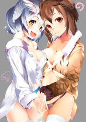 Rule 34 | 10s, 2girls, :d, absurdres, animal ears, bare shoulders, black panties, blush, breasts, brown hair, cekonikova, cleavage, coat, collarbone, commentary request, cowboy shot, eurasian eagle owl (kemono friends), fang, fur collar, fur trim, grey background, grey hair, hair between eyes, head wings, highres, japari symbol, kemono friends, long sleeves, looking at viewer, medium breasts, midriff, multicolored hair, multiple girls, no bra, northern white-faced owl (kemono friends), off shoulder, open clothes, open mouth, open shirt, panties, red eyes, shirt, short hair, simple background, smile, standing, teeth, thigh gap, thighhighs, unbuttoned, unbuttoned shirt, underwear, upper teeth only, white coat, white hair, white legwear, wings, yellow eyes