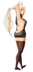 Rule 34 | 00s, 1girl, animal ears, aran sweater, ass, backless dress, backless outfit, bad id, bad pixiv id, bare back, black sweater, black thighhighs, blonde hair, breasts, butt crack, cable knit, cat ears, closed mouth, dress, dungeon and fighter, from side, full body, gooak, halterneck, highres, large breasts, long hair, looking at viewer, looking back, meme attire, naked sweater, profile, raised eyebrows, red eyes, ribbed sweater, sideboob, simple background, smile, solo, sweater, sweater dress, thighhighs, thighs, turtleneck, turtleneck sweater, tying air, virgin killer sweater, white background