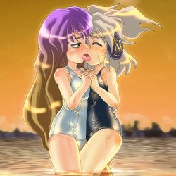 Rule 34 | 2girls, blush, brown hair, closed eyes, french kiss, from side, hijiri byakuren, holding hands, kiss, multicolored hair, multiple girls, old school swimsuit, one-piece swimsuit, school swimsuit, shiny clothes, swimsuit, touhou, toyosatomimi no miko, wading, water, wet, wet clothes, white one-piece swimsuit, white school swimsuit, winn, yuri