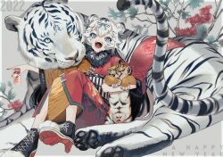 Rule 34 | 1girl, 2018, chinese clothes, happy new year, highres, new year, original, rinhachi, short hair, tiger, white hair