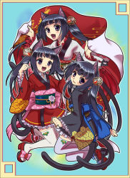 Rule 34 | 3girls, :d, acocha, animal ears, bakeneko, cat ears, cat tail, egasumi, fang, frills, hexagon, highres, japanese clothes, kimono, kumehara chiyota, long hair, looking back, multiple girls, multiple tails, nekomata, nekomata (heian ayakashi), nekomusume (heian ayakashi), obi, onmyouji ~heian ayakashi kitan~, open mouth, persian (heian ayakashi), purple legwear, sash, shikigami, short kimono, smile, tail, thighhighs, twintails, unmoving pattern, white legwear, wide sleeves, zettai ryouiki