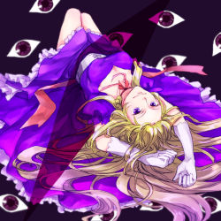 Rule 34 | 1girl, blonde hair, breasts, choker, cleavage, corset, dress, elbow gloves, female focus, frilled dress, frills, gloves, large breasts, long hair, looking at viewer, lying, on back, purple background, purple dress, purple eyes, ribbon, ribbon choker, shi megumi, simple background, smile, solo, touhou, very long hair, white gloves, yakumo yukari