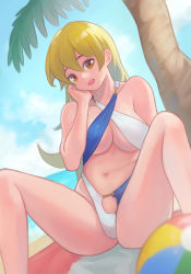 Rule 34 | 1girl, absurdres, beach, bikini, blonde hair, breasts, cloud, day, drelouder, happy, highres, large breasts, long hair, looking at viewer, navel, ocean, open mouth, outdoors, palm tree, sky, smile, solo, swimsuit, tenjouin asuka, tree, water, yellow eyes, yu-gi-oh!