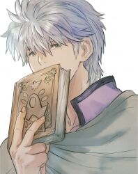 Rule 34 | 1boy, b-saku, book, cloak, covered mouth, dragon quest, dragon quest dai no daibouken, green cloak, grey hair, hair between eyes, hand up, holding, holding book, hyunkel, looking at viewer, male focus, portrait, short hair, simple background, solo, v, white background