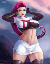Rule 34 | 1girl, abs, alternate breast size, blue eyes, boots, breasts, cleavage, creatures (company), female focus, flowerxl, game freak, gloves, jessie (pokemon), large breasts, looking at viewer, mountain, nintendo, pink hair, pokemon, pokemon (anime), skirt, solo, team rocket, thick thighs, thigh boots, thigh gap, thighs, white skirt, wide hips