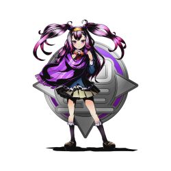 Rule 34 | 10s, 1girl, black legwear, bow, bowtie, brown skirt, divine gate, full body, hairband, long hair, looking at viewer, nail polish, official art, pink eyes, pink hair, pleated skirt, purple nails, purple scarf, red bow, scarf, shadow, skirt, solo, standing, striped, striped bow, transparent background, twintails, ucmm, yellow hairband