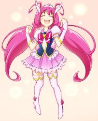 Rule 34 | 1girl, ^ ^, arakawa tarou, blush, boots, bow, brooch, closed eyes, cosplay, cure happy, cure lovely, cure lovely (cosplay), happinesscharge precure!, heart, heart brooch, high heels, hoshizora miyuki, long hair, magical girl, open mouth, pink bow, pink hair, precure, puffy sleeves, ribbon, skirt, smile precure!, solo, thigh boots, thighhighs, tiara, twintails, wrist cuffs