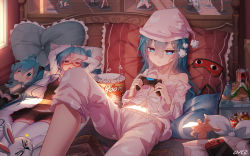 Rule 34 | 1girl, aqua hair, blue eyes, can, character doll, chips (food), dakimakura (object), drink can, drinking straw, figure, food, frown, game console, hair down, half-closed eyes, hat, hatsune miku, highres, kagamine rin, long hair, navel, nintendo switch, off shoulder, one eye closed, pajamas, pillow, playstation 4, popcorn, potato chips, qys3, rabbit, reclining, soda can, solo focus, vocaloid