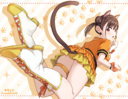 Rule 34 | 1girl, animal ears, boots, brown eyes, brown hair, cat ears, cat tail, commentary request, double bun, fake animal ears, fake tail, fang, fingerless gloves, gloves, hair bun, highres, idolmaster, idolmaster shiny colors, knee boots, layered skirt, looking at viewer, looking back, miniskirt, short sleeves, short twintails, skindentation, skirt, solo, sonoda chiyoko, soramame tomu, tail, thigh strap, thighs, twintails