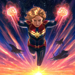 Rule 34 | 1girl, aircraft, airplane, andy park, blonde hair, blue bodysuit, bodysuit, brown eyes, captain marvel, captain marvel (film), clenched hands, cover image, fighter jet, flying, highres, jet, looking at viewer, marvel, marvel cinematic universe, medium hair, military, military vehicle, official art, outdoors, realistic, star (sky), sunset, v-shaped eyebrows