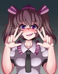 Rule 34 | 1girl, blush, brown hair, collarbone, female focus, hat, himekaidou hatate, long hair, necktie, open mouth, puffy sleeves, purple eyes, rinmei, short sleeves, simple background, solo, tears, tokin hat, touhou, twintails, v, wavy mouth