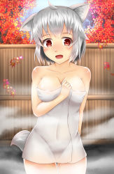 Rule 34 | 1girl, :d, ahoge, alternate costume, animal ears, autumn leaves, bare shoulders, blush, breasts, cleavage, collarbone, covered navel, cowboy shot, fang, highres, inubashiri momiji, looking at viewer, medium breasts, naked towel, no headwear, no headwear, onsen, open mouth, red eyes, short hair, silver hair, smile, solo, standing, steam, tail, touhou, towel, white towel, wolf ears, wolf girl, wolf tail, zakkuru (zacky424)