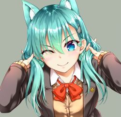 Rule 34 | 1girl, akizuki akina, animal ears, aqua hair, blue eyes, blush, bow, bowtie, breasts, brown jacket, closed mouth, collared shirt, cropped, grey background, hair between eyes, hair ornament, hairclip, jacket, kantai collection, large breasts, lips, long hair, looking at viewer, one eye closed, open clothes, open collar, open jacket, orange bow, orange bowtie, remodel (kantai collection), shirt, simple background, smile, solo, suzuya (kancolle), third-party edit, unfinished, upper body, white shirt