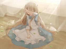 Rule 34 | 1girl, apron, blonde hair, blue dress, clenched hand, covering own eyes, crying, dress, frilled apron, frills, indoors, kagerou project, kozakura marry, long dress, long hair, mekakucity actors, open mouth, sad, skirt hold, solo, tears, third-party source, transparent curtains, very long hair, wavy hair, wavy mouth, white apron, wiping tears, wooden floor, yunare
