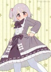 1boy absurdres alternate_costume artist_name black_bow black_bowtie blush bow bowtie brown_eyes center_frills commentary crossdressing dress frills grey_dress grey_hair hair_bobbles hair_ornament happyundergate highres long_sleeves male_focus one_side_up onii-chan_wa_oshimai! pantyhose puffy_long_sleeves puffy_sleeves senkawa_minato simple_background skirt_hold solo star_(symbol) striped_background trap twitter_username watermark white_bow white_pantyhose yellow_background