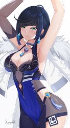Rule 34 | 1girl, absurdres, aqua eyes, armpits, artist name, blue hair, blush, braid, breasts, cleavage, closed mouth, commentary, earrings, fur trim, genshin impact, highres, jacket, jacket on shoulders, jewelry, kuroyamii, large breasts, lips, looking at viewer, shiny clothes, shiny skin, short hair, signature, simple background, smile, thighs, white background, yelan (genshin impact)