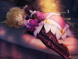 Rule 34 | 1girl, akiyoshi haru, blonde hair, boots, bow, copyright name, creature, dress, elize lutus, closed eyes, fetal position, frills, full body, lying, on side, purple footwear, ribbon, short hair, sleeping, tales of (series), tales of xillia, teepo (tales), thigh boots, thighhighs