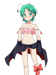 Rule 34 | 1girl, alternate costume, antennae, arm ribbon, bare shoulders, black skirt, blush, cato (monocatienus), clothes lift, commentary request, embarrassed, feet out of frame, green eyes, groin, hair ornament, hairclip, leg ribbon, lifted by self, looking at viewer, navel, nose blush, panties, pink panties, red ribbon, red skirt, ribbon, short hair, simple background, skirt, skirt lift, solo, strapless, touhou, tube top, two-sided fabric, two-sided skirt, underwear, wavy mouth, white background, wriggle nightbug
