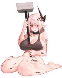 Rule 34 | 1girl, arknights, bare arms, bare shoulders, barefoot, black choker, blush, bottomless, breasts, choker, cleavage, collarbone, commentary request, crop top, hammer, hand up, highres, holding, holding hammer, holding weapon, horns, infection monitor (arknights), long hair, looking at viewer, material growth, mudrock (arknights), oripathy lesion (arknights), parted lips, pointy ears, red eyes, silver hair, simple background, sitting, solo, sports bra, stomach, thighs, wariza, weapon, white background, yamauchi (conan-comy)