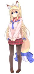 Rule 34 | 1girl, ahoge, animal ear fluff, animal ears, black pantyhose, blonde hair, blush, bow, braid, breasts, commentary request, fox ears, fox girl, fox tail, full body, hair bow, highres, large breasts, loafers, long hair, long sleeves, looking at viewer, neckerchief, original, pantyhose, plaid, plaid skirt, pleated skirt, school uniform, serafuku, shoes, skirt, smile, sogaya, solo, standing, sweater, tail, tail bow, tail ornament, twin braids, v arms, white background