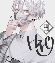 Rule 34 | 1boy, copyright request, finger heart, grey background, grey eyes, heart, highres, jacket, jewelry, long sleeves, looking at viewer, male focus, obisn, original, ring, shirt, short hair, solo, white hair, white shirt