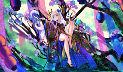 Rule 34 | 1girl, absurdres, bare legs, beckoning, blue eyes, blue flower, blurry, blurry background, blush, branch, closed mouth, commentary, counter:side, day, eyeliner, floral print, flower, forest, hair flower, hair ornament, hanging lantern, highres, holding, holding sword, holding weapon, in tree, japanese clothes, kimono, knee up, lantern, long hair, long sleeves, looking at another, makeup, nanahara chinatsu, nature, off shoulder, official alternate costume, okobo, orb, platform footwear, purple pupils, rope, sandals, sidelocks, single sandal, sitting, sitting in tree, smile, snake, solo, streamers, sword, tassel, tree, tuhua shouluo (dohwasura), water, weapon, white hair, white snake, wide sleeves