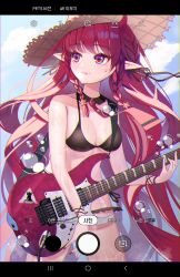 Rule 34 | 1girl, absurdres, arknights, bikini, black bikini, blue sky, braid, breasts, bubble, cleavage, closed mouth, commentary request, cowboy shot, demon horns, detached collar, electric guitar, eyelashes, fake phone screenshot, fake screenshot, geomiddang, guitar, hair ribbon, hat, highres, holding, holding instrument, horns, huge filesize, instrument, light smile, long hair, looking at viewer, looking away, medium breasts, necktie, official alternate costume, outdoors, pointy ears, red eyes, red hair, red necktie, rhodes island logo (arknights), ribbon, side-tie bikini bottom, side braids, sky, solo, stomach, straw hat, swimsuit, tail, twin braids, vigna (arknights), vigna (casual vacation) (arknights), wing collar, wristband