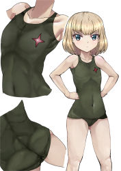 Rule 34 | &gt;:(, 10s, 1girl, ass, bad id, bad pixiv id, blonde hair, blue eyes, covered navel, cowboy shot, emblem, frown, girls und panzer, green one-piece swimsuit, hands on own hips, highres, katyusha (girls und panzer), looking at viewer, one-piece swimsuit, pravda (emblem), school uniform, short hair, sikijou77o, solo, standing, swimsuit, v-shaped eyebrows, white background