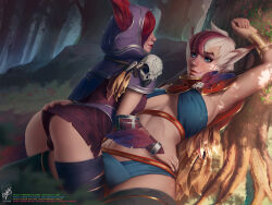 Rule 34 | 2girls, armpits, ass, black panties, black thighhighs, blue eyes, breasts, ears through headwear, feathers, forest, genderswap, genderswap (mtf), grey hair, hand on another&#039;s ass, large breasts, league of legends, multiple girls, nature, outdoors, panties, rakan (league of legends), red hair, short hair, short sleeves, smile, themaestronoob, thighhighs, tree, underwear, watermark, web address, xayah, yuri